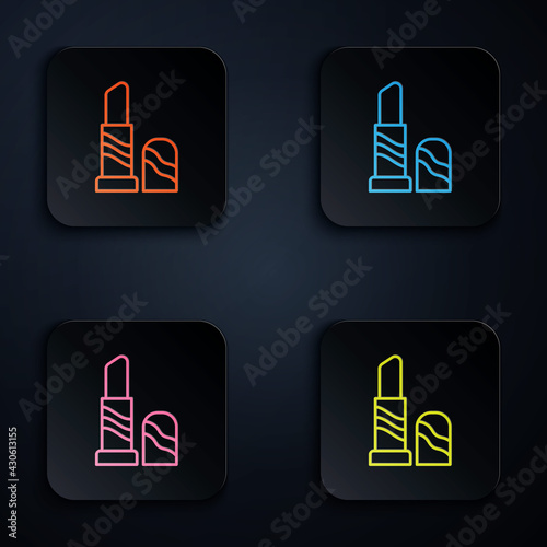 Color neon line Lipstick icon isolated on black background. 8 March. International Happy Women Day. Set icons in square buttons. Vector