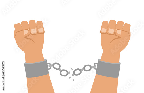 human hands in handcuffs shackles with broken chain freedom concept vector illustration