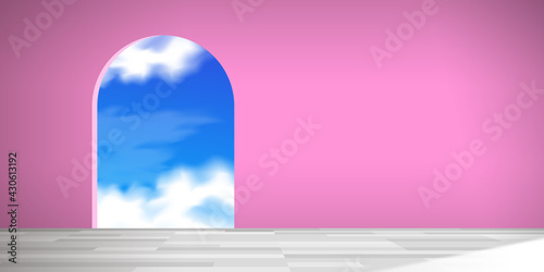 Photographie empty pink room interior with archway window and sky vector illustration