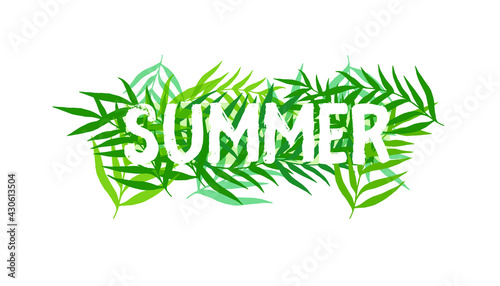 Summer typography sign with tropical leaves on the background. Seasonal modern vector illustration.
