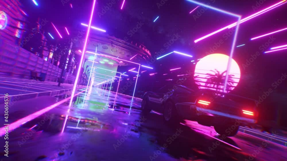 Car and city in neon cyberpunk style. 80s retrowave background 3d animation. Retro futuristic car drive through neon city. 3d render of seamless loop
