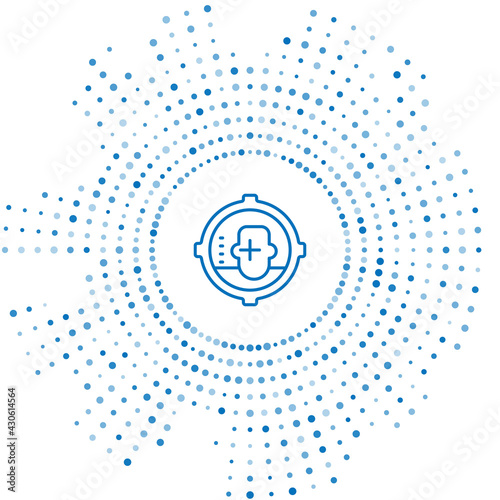 Blue line Headshot icon isolated on white background. Sniper and marksman is shooting on the head of man, lethal attack, assault and assassination. Abstract circle random dots. Vector