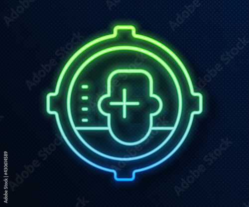 Glowing neon line Headshot icon isolated on blue background. Sniper and marksman is shooting on the head of man, lethal attack, assault and assassination. Vector