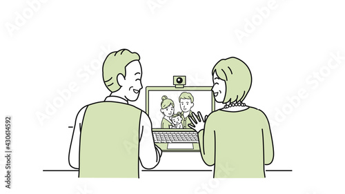 出産報告をする若い夫婦　オンライン帰省　三世代家族　老夫婦　イラスト素材