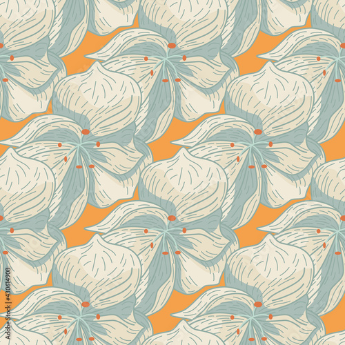 Light blue orchid flowers silhouettes seamless pattern. Orange background. Decorative doodle style.