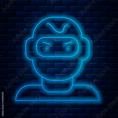 Glowing neon line Thief mask icon isolated on brick wall background. Bandit mask, criminal man. Vector