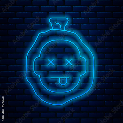 Glowing neon line Murder icon isolated on brick wall background. Body, bleeding, corpse, bleeding icon. Dead head. Concept of crime scene. Vector