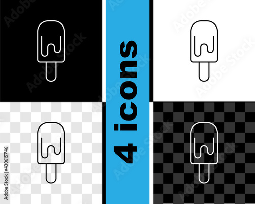 Set line Ice cream on stick icon isolated on black and white, transparent background. Sweet symbol. Vector