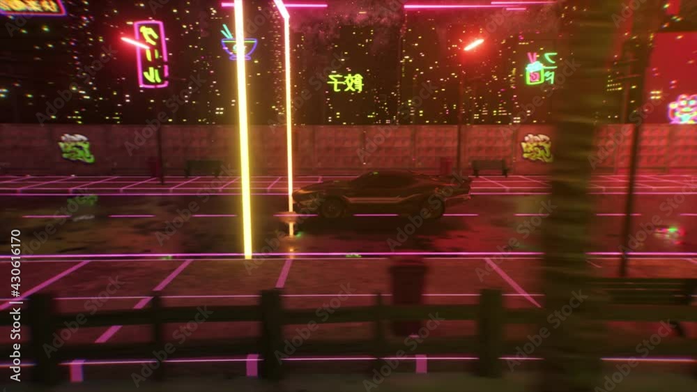 Car and city in neon cyberpunk style. 80s retrowave background 3d ...