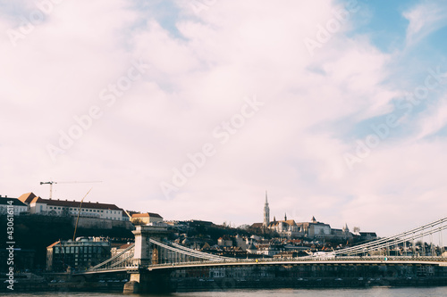 Panorama of the Szechenyi chain bridge over the Danube in Budapest