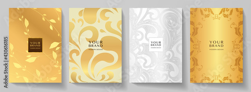 Luxury gold curve (scroll) pattern cover design set. Elegant floral ornament on golden, silver background. Premium vector collection for rich brochure, luxe invite, royal wedding template, menu