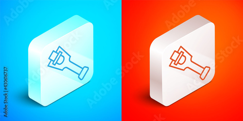Isometric line Prosthesis leg icon isolated on blue and red background. Futuristic concept of bionic leg, robotic mechanical leg. Silver square button. Vector