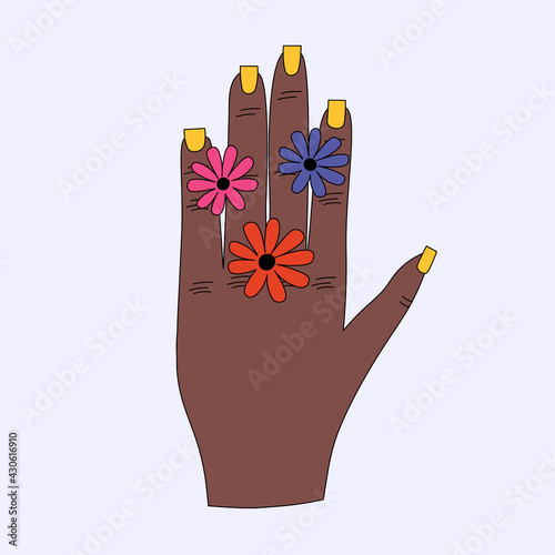 ethnic hand with flowers.African American woman's palm.Hippie funky 60s and 70s styleTattoo template.Summer sticker.Girl power summer time.Postcard hand with chamomile.pick flowers with manicure