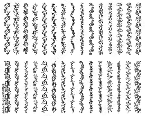 Flourish borders and frames, floral ornament motif dividers, vector decorations. Vintage flower embellish or borders and corner frames decor, scroll swirl divider with flower and leaf filigree swash