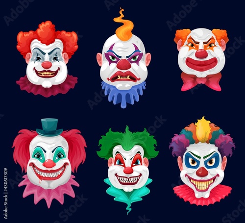 Horror clown and scary circus monster faces cartoon vector design of Halloween holiday. Evil clown or joker characters with bloody teeth, sharp vampire fangs and crazy smiles, red noses and wigs