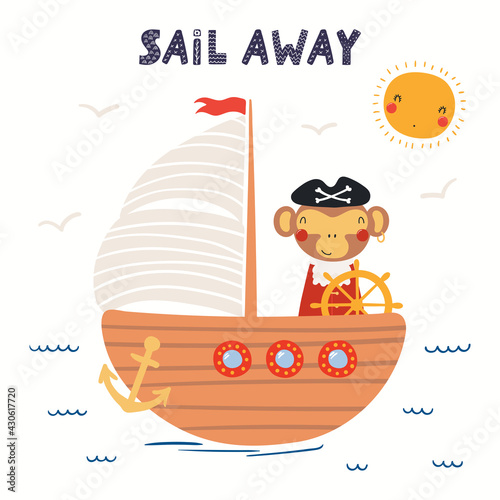 Bilde på lerret Cute monkey pirate on ship, sea waves, seagulls, text Sail away, isolated on white