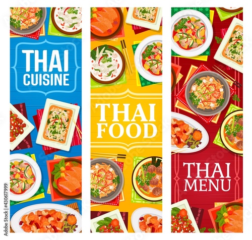 Thai food restaurant dishes posters. Shrimp noodles pad thai, sweet and sour pork, fried rice and basil chicken pad kparow gai, meatball soup and grapefruit salad yam som, red lamb curry vector