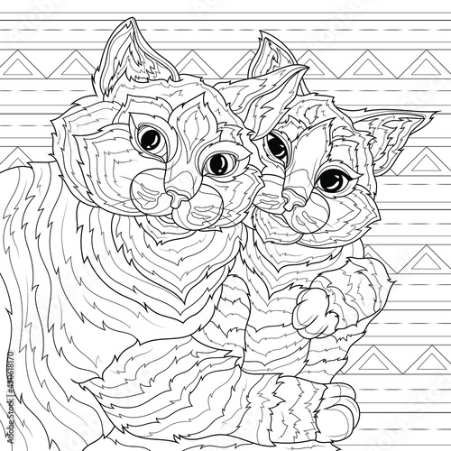 Two cats are hugging.Coloring book antistress for children and adults. Illustration isolated on white background.Zen-tangle style. Hand draw