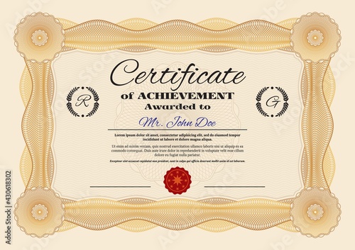 Achievements certificate or diploma vector template, award for professional or business achievements, graduation or qualification certify document with security geometric lathe and wax seal