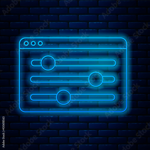 Glowing neon line Browser setting icon isolated on brick wall background. Adjusting, service, maintenance, repair, fixing. Vector