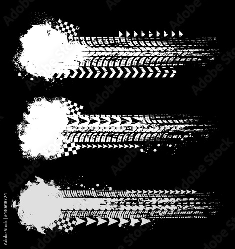 Motorsport racing background with car tires traces vector pattern. Off-road rally or motocross competition print templates with vehicle wheel dirty mark or trails, race checkered flag and arrows