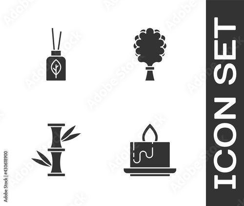 Set Aroma candle, diffuser, Bamboo and Sauna broom icon. Vector