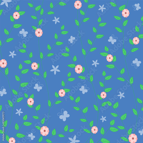 Pattern with butterflies and flowers. Vector for fashion, fabric, wallpaper and all prints on blue background