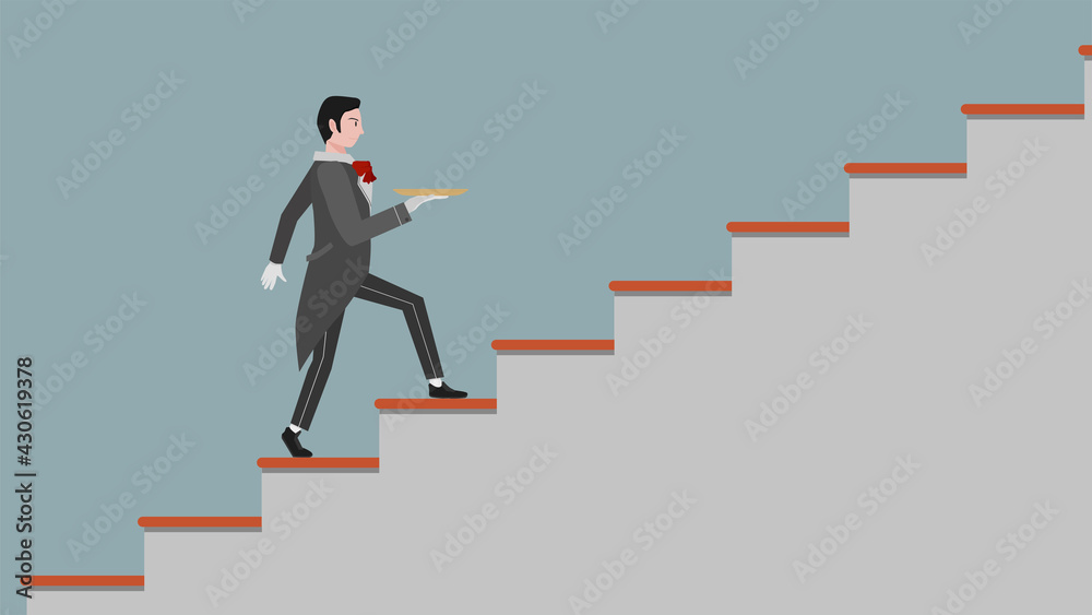 Male waitress with empty plates walked up the stairs. for business background. Male waitress with empty plates walked up the stairs. for business background.