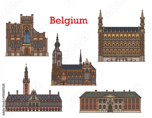 Belgium landmarks and architecture buildings, churches and cathedrals, vector. St Peter Church or Sint Pieterskerk and university in Leuven, town hall Stadhuis and Our Lady Notre Dame in Aarschot photo