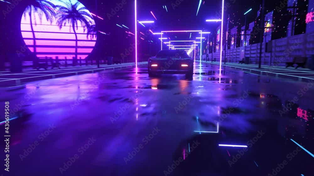 Car and city in neon cyberpunk style. 80s retrowave background 3d animation. Retro futuristic car drive through neon city.