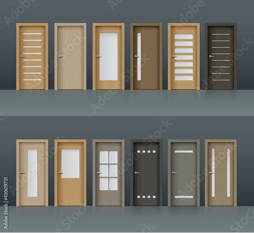 Interior doors vector realistic design elements for room or office decoration, 3d wooden brown and grey doorways with metal doorknobs and glass windows. Domestic or hotel closed residential doors set