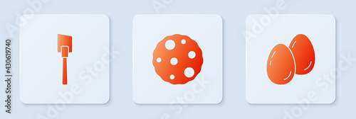 Set Cookie or biscuit, Spatula and Easter eggs. White square button. Vector