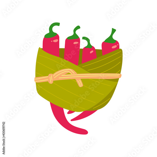 Hand drawn red hot chili peppers packed in banana leaves, eco-friendly packaging, no plastic concept. Flat illustration.