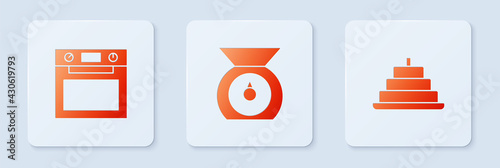Set Scales, Oven and Cake with burning candles. White square button. Vector
