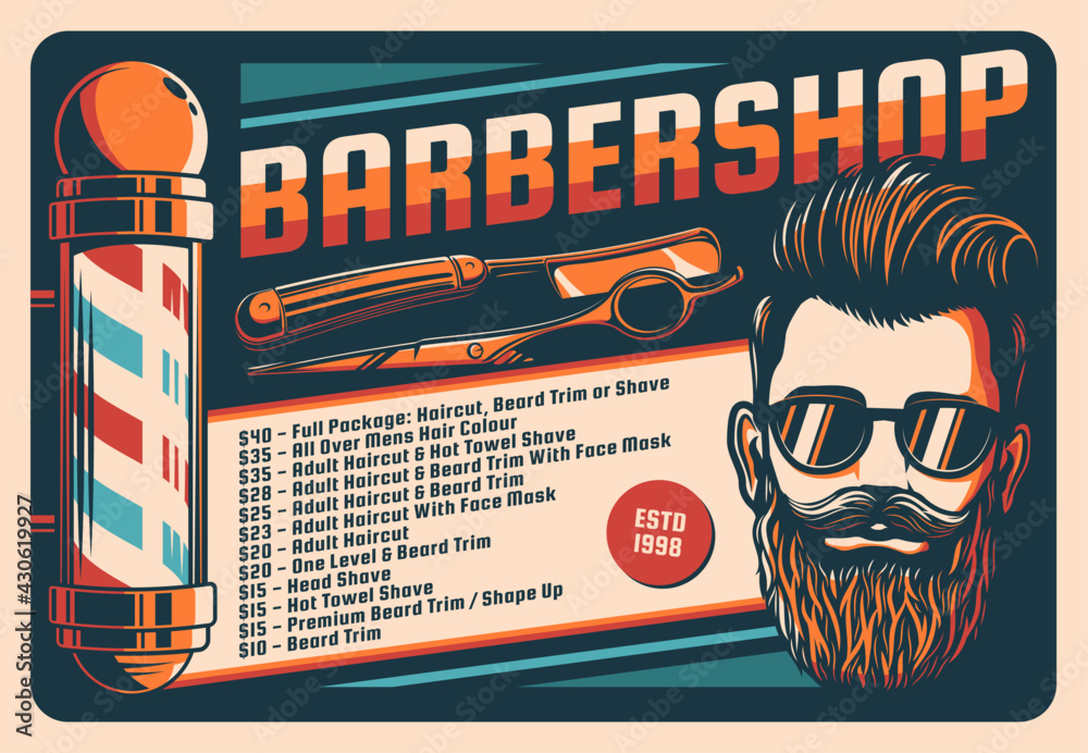 Barbershop retro banner, men hairdressing shop or stylist saloon vintage  vector poster. Bearded hipster in sunglasses, barbershop sign with spiral  stripes and straight razor, hairdresser scissors Stock Vector | Adobe Stock