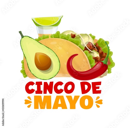 Cinco de Mayo food, vector mexican tacos, jalapeno red hot chili pepper, avocado and tequila in glass shot with lime slice. Traditional holiday cartoon meals and drink isolated on white background