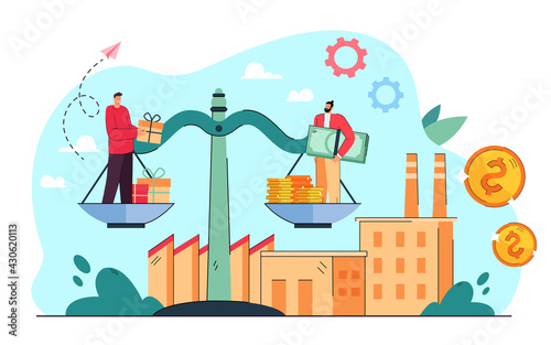 Tiny businessmen standing on giant scales with money and gifts. Flat vector illustration. .Economy and finance balance, factory production value increasing. Microeconomics, cooperation, money concept photo