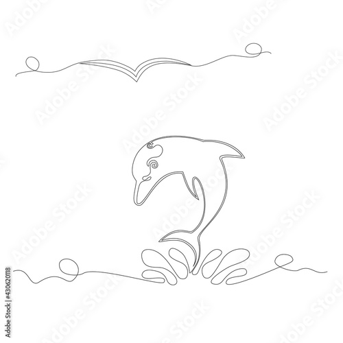 A dolphin jumping out of the water drawn in one line. Vector illustration.