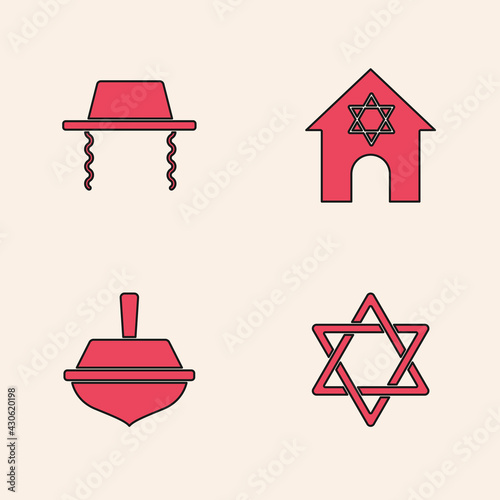 Set Star of David, Orthodox jewish hat, Jewish synagogue and Hanukkah dreidel icon. Vector