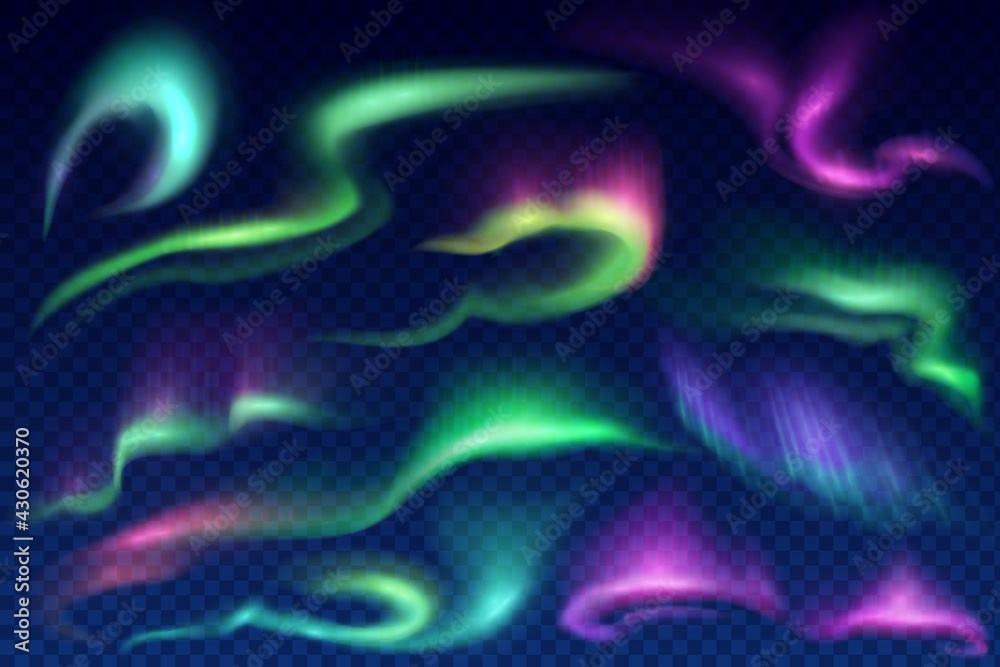 Northern, polar and aurora borealis vector lights on transparent background. Realistic 3d auroras with bright glowing swirls of green, purple and blue northern or polar lights, Arctic luminescence - obrazy, fototapety, plakaty 