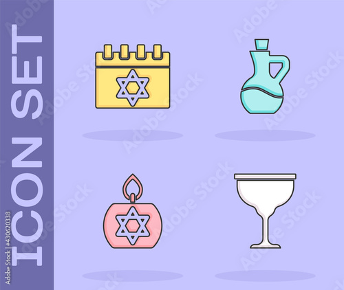 Set Jewish goblet, calendar, Burning candle and Bottle of olive oil icon. Vector