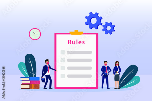 Rules vector illustration. Business people with business rules lists on the clipboard