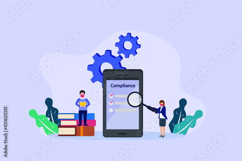Compliance vector illustration. Business people with compliance lists on the mobile phone screen