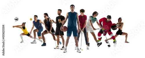 Collage of 8 different professional sportsmen  fit people in action and motion isolated on white background. Flyer.
