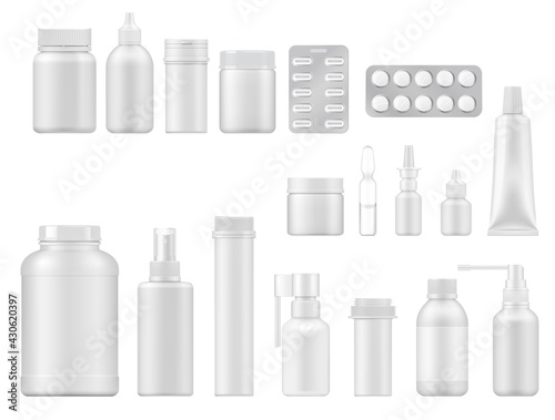 Pill, drug and medicament realistic vector packages. 3d mockups of pharmaceutical packaging, white plastic bottles, packs, boxes and blisters with pills, spray and drops, ointment tube and ampoule