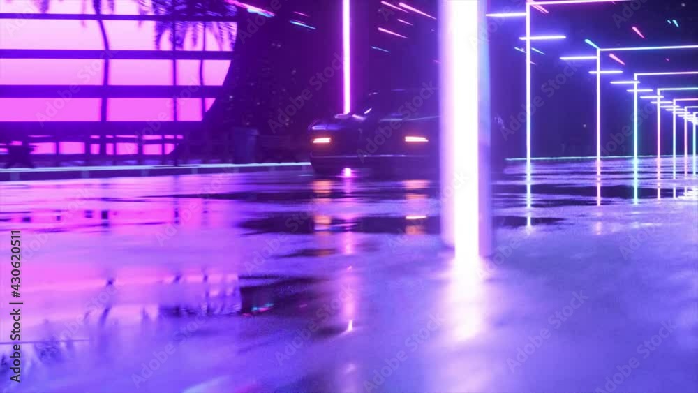 Car and city in neon cyberpunk style. 80s retrowave background 3d ...