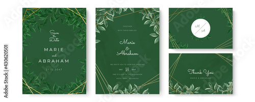 Wedding invitation frame set; flowers, leaves, watercolor, isolated on white. Sketched wreath, floral and herbs garland with green, greenery color. Handdrawn Vector Watercolour style, nature art.
