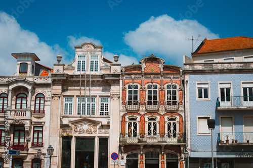 View on the beautiful old facades buildings in Art Nouveau architectural style in Aveiro city in Portugal