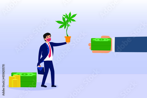Cannabis abuse vector concept. Businessman in face mask selling cannabis