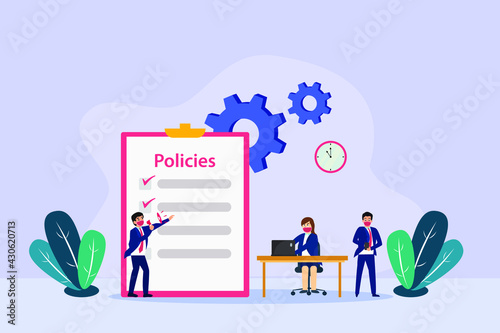 Policies vector illustration. Businessman showing corporate policies to his employee